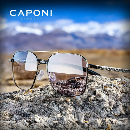 CAPONI Pilot Style Polarized Men Sun Glasses Out Driving Carbon Fiber Photochromic Sunglasses Designer UV400 Black Shads BS23027