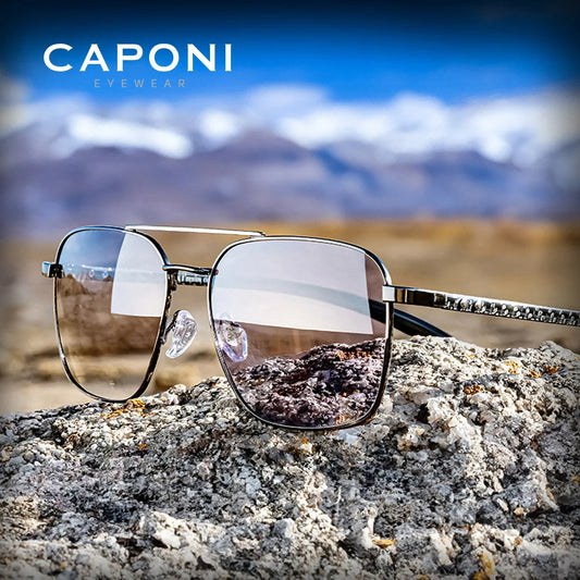 CAPONI Pilot Style Polarized Men Sun Glasses Out Driving Carbon Fiber Photochromic Sunglasses Designer UV400 Black Shads BS23027