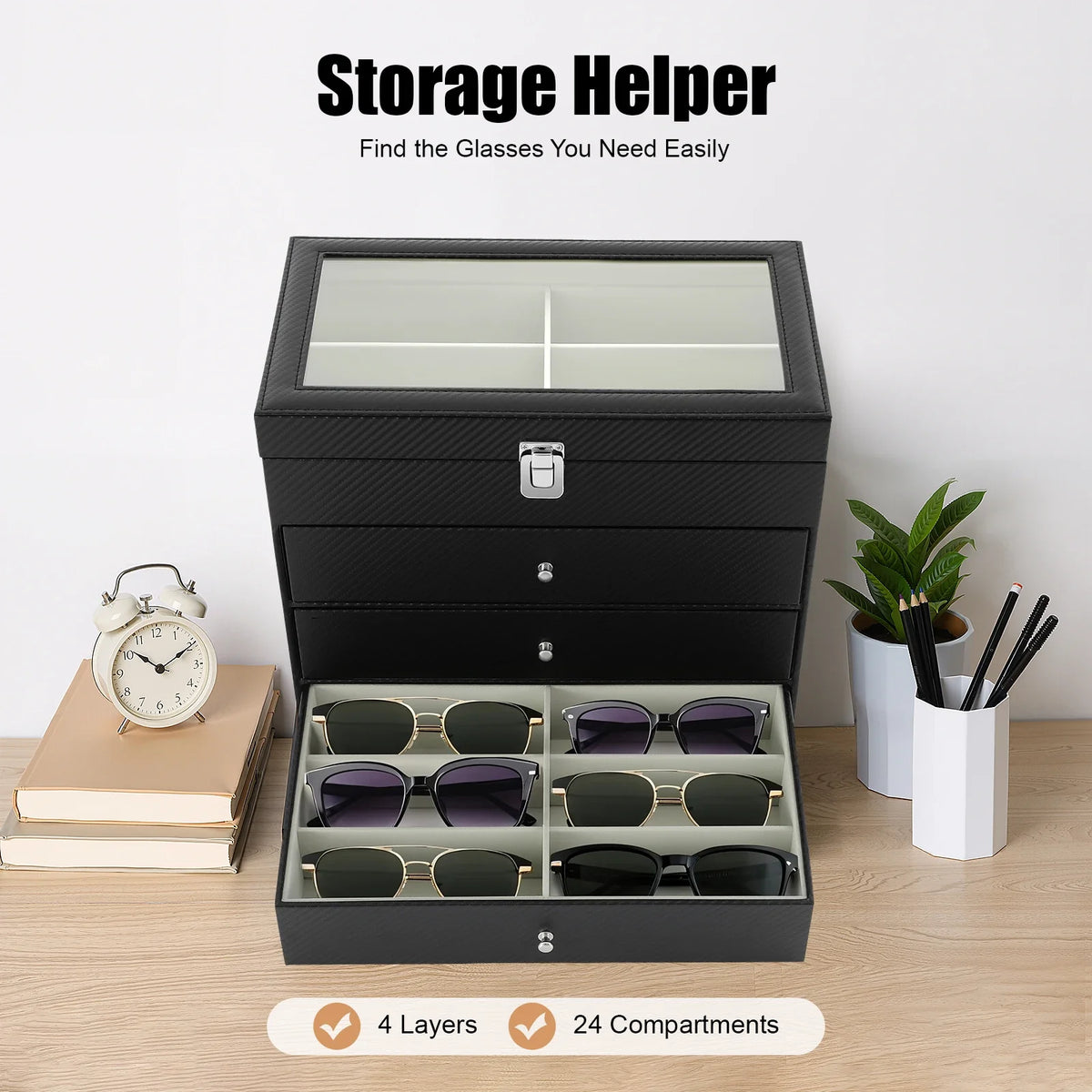 4-Tier Eyeglasses Display Case,24 Compartment Sunglass Glasses Box with Glass Lid,Sunglass Storage Organizer for Bracelet,Watch