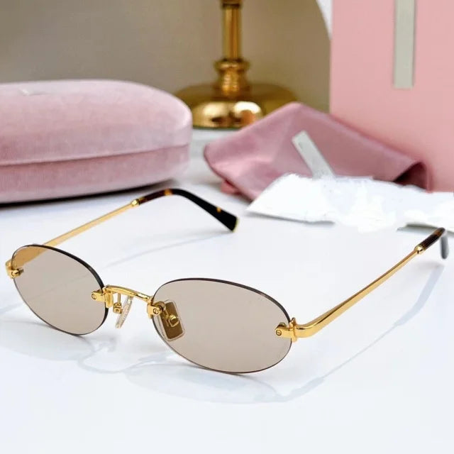 Women Fashion Rimless Oval Sunglasses Brand Desinger Retro Popular Eyeware Girls Travel Party Shades Frameless Sun Glasses UV400