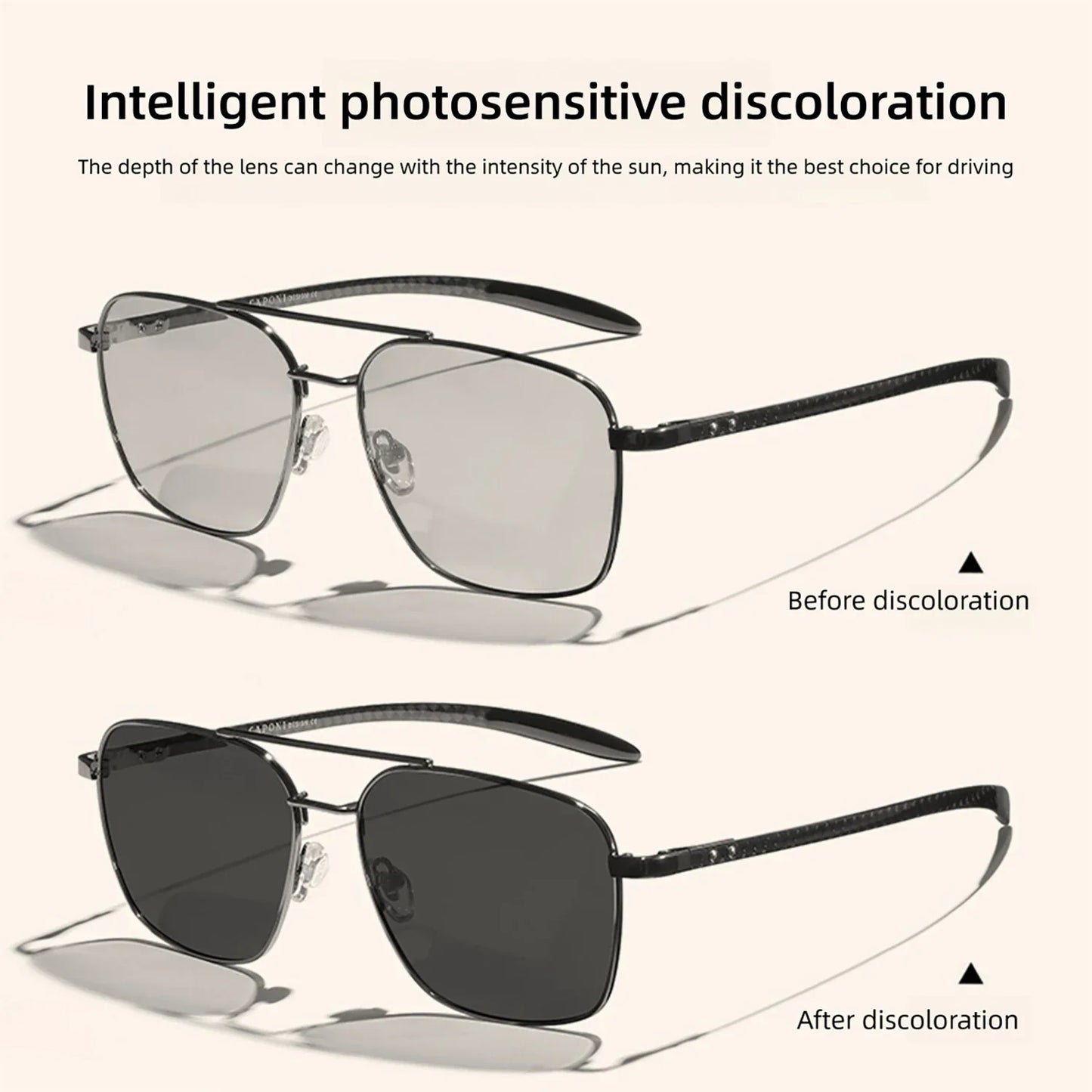 CAPONI Pilot Style Polarized Men Sun Glasses Out Driving Carbon Fiber Photochromic Sunglasses Designer UV400 Black Shads BS23027