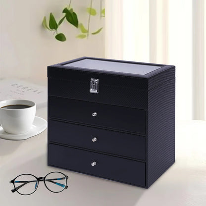 4-Tier Eyeglasses Display Case,24 Compartment Sunglass Glasses Box with Glass Lid,Sunglass Storage Organizer for Bracelet,Watch