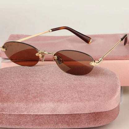 Women Fashion Rimless Oval Sunglasses Brand Desinger Retro Popular Eyeware Girls Travel Party Shades Frameless Sun Glasses UV400