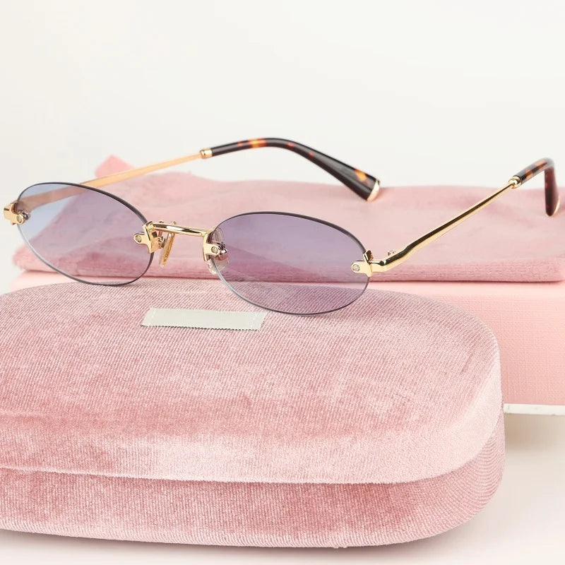 Women Fashion Rimless Oval Sunglasses Brand Desinger Retro Popular Eyeware Girls Travel Party Shades Frameless Sun Glasses UV400